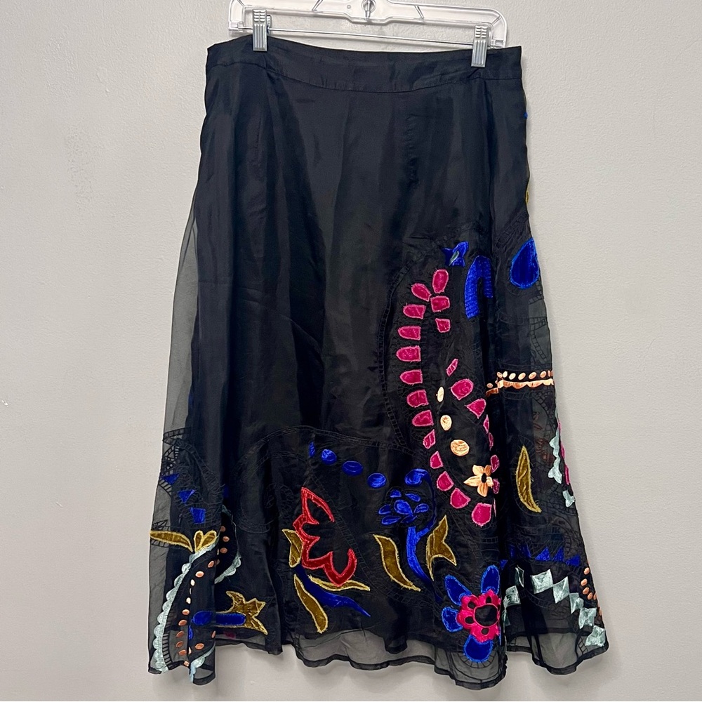 Anthropologie Amber Velvet Appliqué Midi Skirt Colorful Embroidered Design 12 - Picture 4 of 11